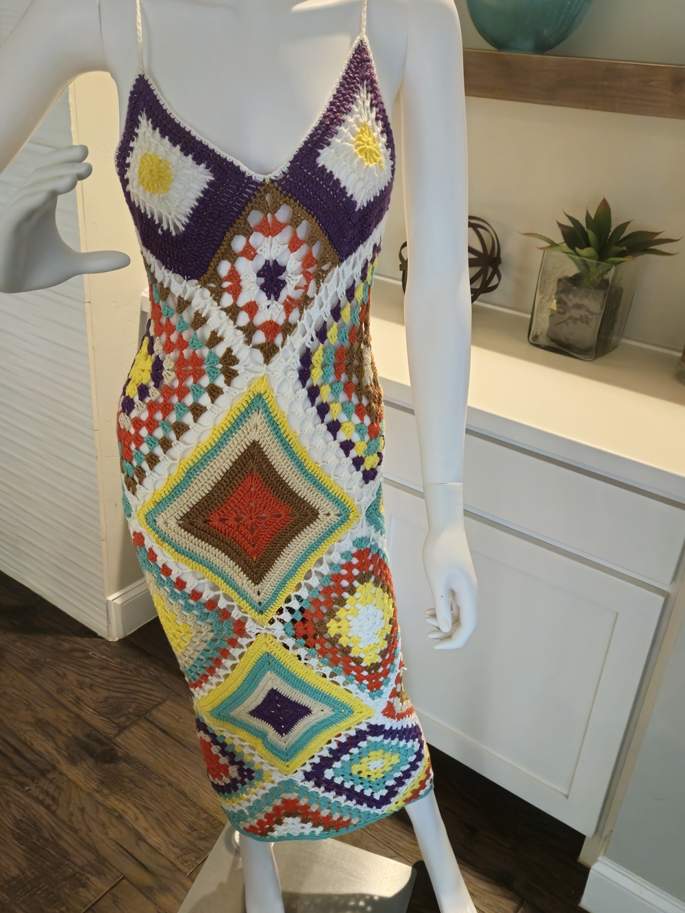 Handmade Crochet Diamond-Print Slip Dress in Multicolor